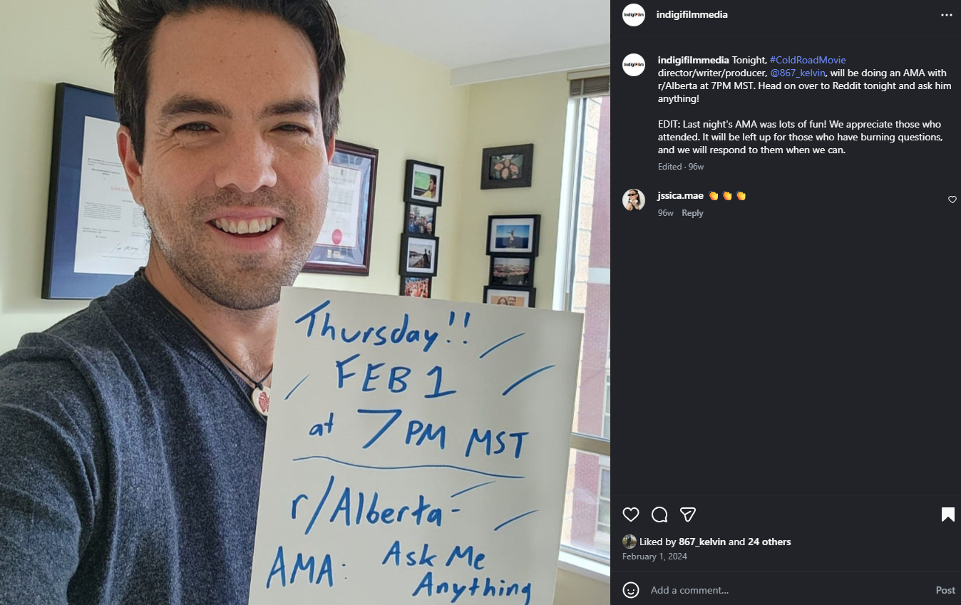 A photo of Kelvin Redvers did for the Reddit AMA Josh Ackermann hosted for the promotional cycle of Cold Road and IndigiFilm