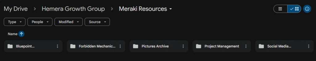 Archiving copy for web design and social media for Meraki Resources through Hemera Growth Group marketing contract