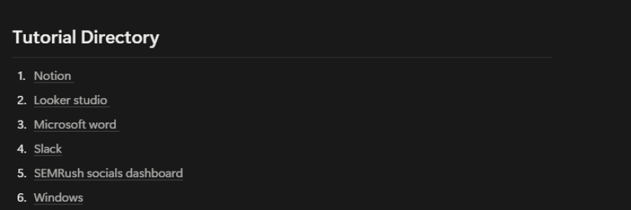 An example of how Josh Ackermann used Notion to create a tutorial directory for Meraki Resources through the Hemera Growth Group